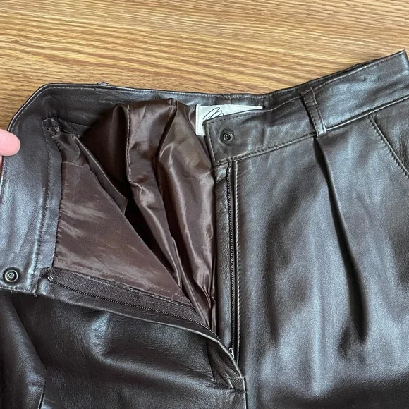 Melanzona High-Waisted Pleated Genuine Leather Trousers in Dark Brown Sz 4